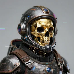 portrait of a dead Habs cyberpunk space pirate in concept armor with golden cyborg skull in a futuristic prototype oxygen intake helmet by Abigail Larson + Alan Lee + Audrey Kawasaki + Giovanni-Piranesi + Winsor-McCay + Howard-Pyle, headshot, 8k vhs glitch, cinematic, sharp focus, smooth, sense of awe