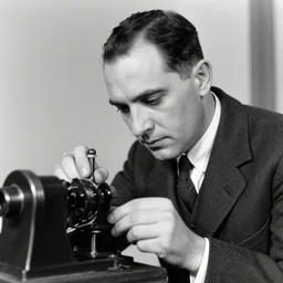 a close - up portrait of marcel duchamp working on a machine, 1 9 2 0 s monochrome snapshot, graflex 4 x 5, f 1. 8, 3 5 mm, ilford delta 3 2 0 0 pro