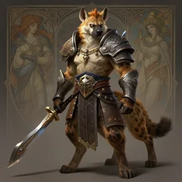 full body photograph of a male anthropomorphic hyena fursona warrior, deep focus, intricate, elegant, highly detailed, digital painting, artstation, concept art, matte, sharp focus, illustration, d & d, fantasy, hearthstone, art by artgerm and greg rutkowski and alphonse mucha