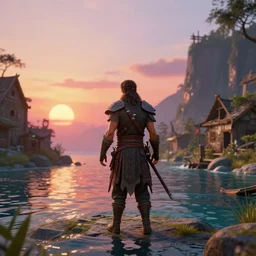 full length portrait of a male warrior exploring a mysterious abandoned village near the ocean, rendered in bryce 3 d, ray - tracing, water ripples, sunset, vibrant color, mysterious atmosphere, depth of field, cinematic lighting, focused, rule of thirds, trending on artstation