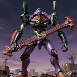 < huge mecha > in the style of < neon genesis evangelion > holding a < mechanical yueqin > in arms, movie poster, < full body robot >, 3 d anime, arcane style, retropunk, steampunk, high resolution, 4 k, retrofuturism, studio ghibli, simon stalenhag