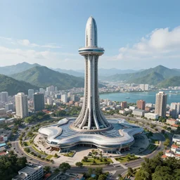 A convention center in a coastal city near some mountains, sci-fi, space elevator, 8k photorealistic