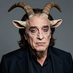 actor Danny Devito in Elaborate Pan Satyr Goat Man Makeup as the character Phil for Disney’s Live Action Hercules movie, prosthetics designed by Rick Baker, Hyperreal, Head Shots Photographed in the Style of Annie Leibovitz, Studio Lighting