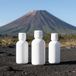 symmetrical photo of small white plastic bottle standing in front volcano, products shot