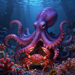 highly detailed portrait of purple octopus playing with crab, stephen bliss, unreal engine, fantasy art by greg rutkowski, rhads, ferdinand knab, makoto shinkai and lois van baarle, ilya kuvshinov, rossdraws, tom bagshaw, global illumination, radiant light, red blue theme, coral reef