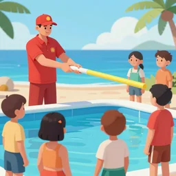 lifeguard shooting kids with a pool noodle
