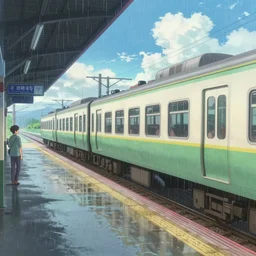 railway station, train, the movie the garden of words by makoto shinkai, a littlebright color, light rain, moist, 8 k, unreal engine