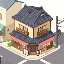 isometric view illustration of a japanese street corner, by Victo Ngai