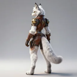 wide angle beautiful full body portrait of a strong female anthropomorphic anthro lynx fursona wearing a steampunk leather. from behind, character design by disney, anime, manga, charlie bowater, ross tran, artgerm, and makoto shinkai, detailed, soft lighting, rendered in octane, white fur, white face, lynx facial features