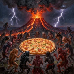a hoard of strange creatures from hell fighting over a very large pizza in front of a volcano spewing lava and black smoke, from below, streams of glowing hot lava, flashes of lightning in the distance, wide shot, long shot, an ultrafine detailed painting by joe fenton, deviantart, pop surrealism, whimsical