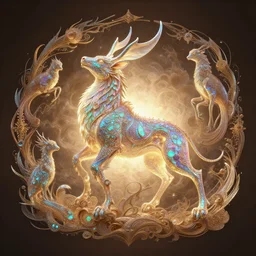 iridescent opalescent animal, backlit, warm tones, bioluminescent : by michal karcz, daniel merriam, victo ngai and guillermo del toro : ornate, dynamic, particulate, intricate, elegant, highly detailed, centered, artstation, smooth, sharp focus, octane render