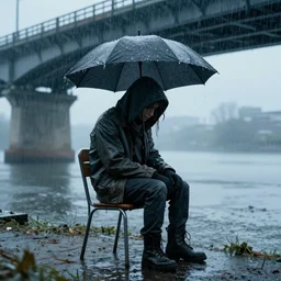 A creature sitting on a chair under a bridge, cold war mood, raining weather, bright, digital art, highly detailed, trending on artstation