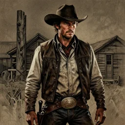 portrait, a last stand of a cowboy, painting, dramatic lighting, cinematic, establishing shot, extremely high detail, foto realistic, cinematic lighting, pen and ink, intricate line drawings, post processed, concept art, artstation, matte painting, concept art, DeviantArt, art station, illustration highly detailed