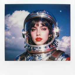 analog polaroid portrait of a young woman wearing a chrome space helmet, bright red lipstick, barbarella, Hajime Sorayama, sheen, red reflections, unreal engine, azure sky, big clouds visible, sunlight, reflection, sparkles, space, stars, nebula, lensflare, film grain, depth of field, color bleed