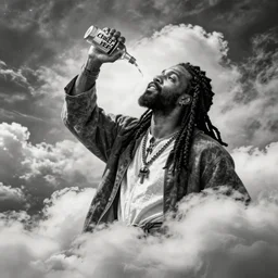 cheef keef ascending into heaven holding cough syrup, biblical image, style of gustave dore, highly detailed, beautiful, high contrast, black and white