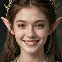 closeup hyper-realistic portrait of beautiful high-fantasy elf girl smiling alluringly, intricate details, rule of thirds, by Stanley Artgerm Lau, by greg rutkowski, by thomas kindkade, by alphonse mucha, loish, by norman rockwell J.