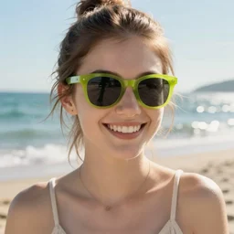 a lime wearing sunglasses and smiling on the beach, back-lit photo 4K detailed