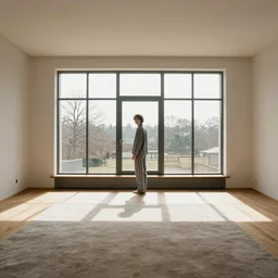 person in pyjamas standing near window, turned back to camera, cinematography, sun rays, daylight, big french door window, windowsill, big spatious room, carpet at the floor, wide shot 2 4 mm, anamorphic shot lens, walls at left and right sides, window at the center, wooden floor, modern, winter sun, photorealistic, high ceiling