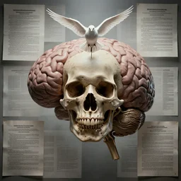 government mind control program, a skull and a dove float inside a brain, classified documents, beksinski, wayne barlowe, very coherent symmetrical artwork, cinematic, hyper realism, high detail, octane render, 8 k