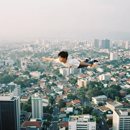A Filipino teenager flying above Metro Manila, wide shot, 35mm film, ethereal, by Iwai Shunji