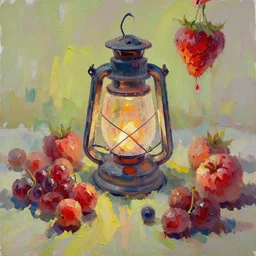 berries communing around a lantern, oil painting, glassware, thick strokes, vibrant, colorful, bright, reflections, sunlit, sharp, subsurface scattering, sharp edges, hazy, field of view