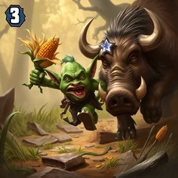 a goblin running away from a boar after stealing a piece of corn, hearthstone card art