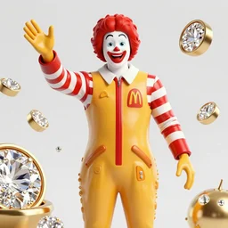 A still of Ronald McDonald surrounded by gold and diamonds, Award-winning, photograph, 3d render, unreal engine, 4k detailed