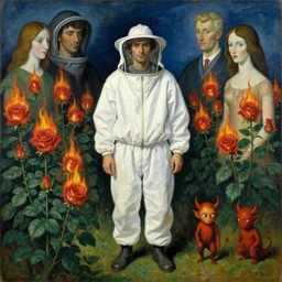 man in white beekeeper suit with burning rose garden and small devil creatures. painting by mikalojus konstantinas ciurlionis, bosch, wayne barlowe, agnes pelton, rene magritte