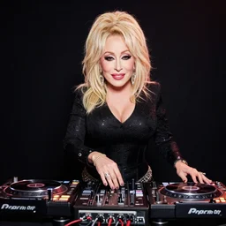 dolly parton DJing with DJ turntables, photoreal