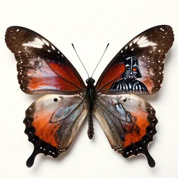 a realistic photo of a butterfly with a draw of darth vader in his wings