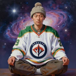 a beautiful painting of a zen monk in a winnipeg jets hockey jersey and wool hat, meditating with the cosmos in the background, trending on artstation, digital art