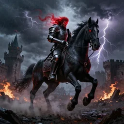 a large man in full plate black armor splattered in blood while steaming rising from body, riding a large black horse with red glowing eyes, red shadowy wisps emanating from hair and eyes, blackened clouds cover sky crackling with lightning, rain in the distance, castle in flames and ruins, the ground is dark and cracked,