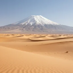 large desert landscape with a big snowy mountain in the distance, daylight, hyperdetailed, sharp, artstation, 3 d render, ray tracing