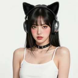realistic beautiful gorgeous buxom natural cute blushed shy girl Blackpink Lalisa Manoban black hair cute fur black cat ears, wearing white camisole, headphones, black leather choker artwork drawn full HD 4K highest quality in artstyle by professional artists WLOP, Taejune Kim, Guweiz on Pixiv Artstation