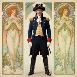 cinematic full body portrait of 1 8 th century naval captain, grey mustache, navy blue coat and chapeau by artgerm, cushart krenz, greg rutkowski, mucha. art nouveau. gloomhaven, vibrant colors, sharp edges. ultra clear detailed. 8 k. elegant, intricate, octane render