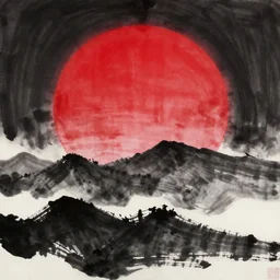 red sun circle, black mountains, japanese ink painting, suibokuga