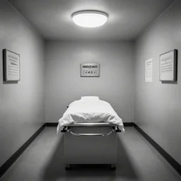 well-detailed interior of a morgue, monochromatism hyper-realistic
