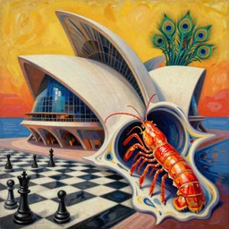 an extremely high quality hd surrealism warm painting of 4 d perspective neon complimentary - colors cartoon surrealism opera house melting sculpture composition of zaha hadid biological anatomical peacock mantis shrimp by a much more skilled version of kandinskypicasso and salvia dali the fourth, salvador dali's much much much much more talented painter cousin, 8 k, ultra realistic, opera house, chess, tunnels