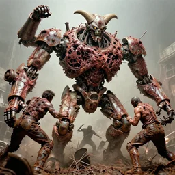 movie still of flayed god machines, stiched into battle chaos, intricately macerated by age, sentient, dethroned goliath machine, blood turbines, hydrocracking battles, rusted, macerated, eviscerated by fimbria wires, bicornate fracked, by alberto bontempi, alex ross, shigeru komatsuzaki, wayne