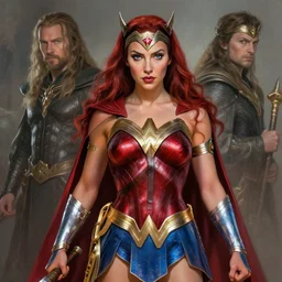 wonder woman as scarlet witch, intricate, elegant, highly detailed, digital painting, artstation, concept art, matte painting, smooth, sharp focus, illustration, art by artgerm and joe madureira and jeff scott campbell, 8 k, inspired by lord of the rings and mass effect and norse mythology