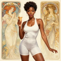 modern black woman | hyperrealistic | action pose | digital painting | trending on artstation | pinup portrait | clean | illustration | dressed | unreal engine 5 | 8 k resolution | ice cream is the theme | by greg rutkowski alphonse mucha gustav klimt and mel ramos