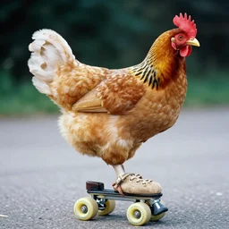a hen riding on small rollerskates, photorealistic, kodak polaroid film, national geographic, highly detailed