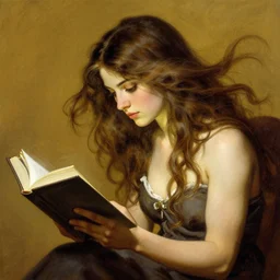 a girl reading book, hair flowing down, in the style of Frank Frazetta, Jeff Easley, Caravaggio, extremely clear and coherent, clear lines, 8K revolution
