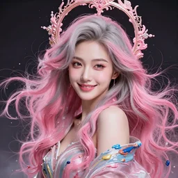 a portrait of a very beautiful young asian goddess, seductive smile, with pink and grey hair radiating swirling paint and impasto, and intricate halo