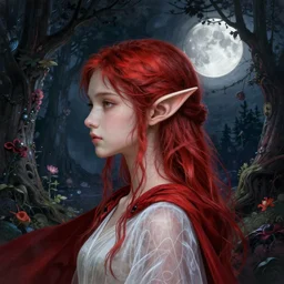 side portrait headshot high-fantasy elf girl with detailed pointed sharp long ears, translucent off-white gown and red cloak, fantasy forest landscape, intricate!!!, highly detailed!!!, moonshine, fantasy magic, feathery red hair, dark light night, intricate, elegant, sharp focus, illustration, highly detailed, digital painting, concept art, matte, art by WLOP and Artgerm and Greg Rutkowski and Alphonse Mucha, masterpiece