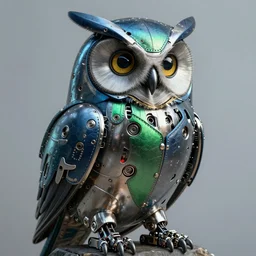 drawing of an robotic owl, cyberpunk style, she is made from stainless steel and leather, her colors colors are metallic blue and metallic green