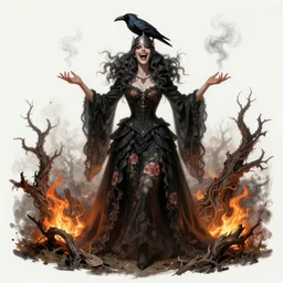 full body shot, malevolent witch facing front laughing maniacally, smoke hair, crow helmet, floral dress, dead forest on fire, fantasy, intricate, photorealistic, elegant, stylish, highly detailed, digital painting, artstation, concept art, smooth, sharp focus, illustration, art by rembrandt