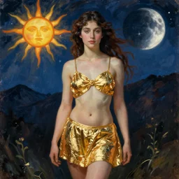 realistic beautiful painting of a goddess in a short golden metallic skirt showing the sun and moon on a mountain night time in Mary Cassatt style