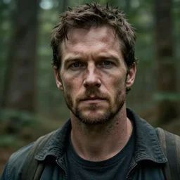 portrait of a rugged man standing in a forest, highly detailed, cinematic lighting, close up, volumetric, realistic, photograph by elliott & fry