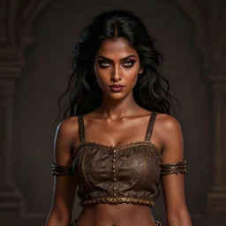beautiful indian figure, brown skin, wearing a crop top, venizian era, demonic eyes, dark fantasy, extremely detailed, sharp focus, smooth, digital illustration, by rossdraws, frank franzzeta